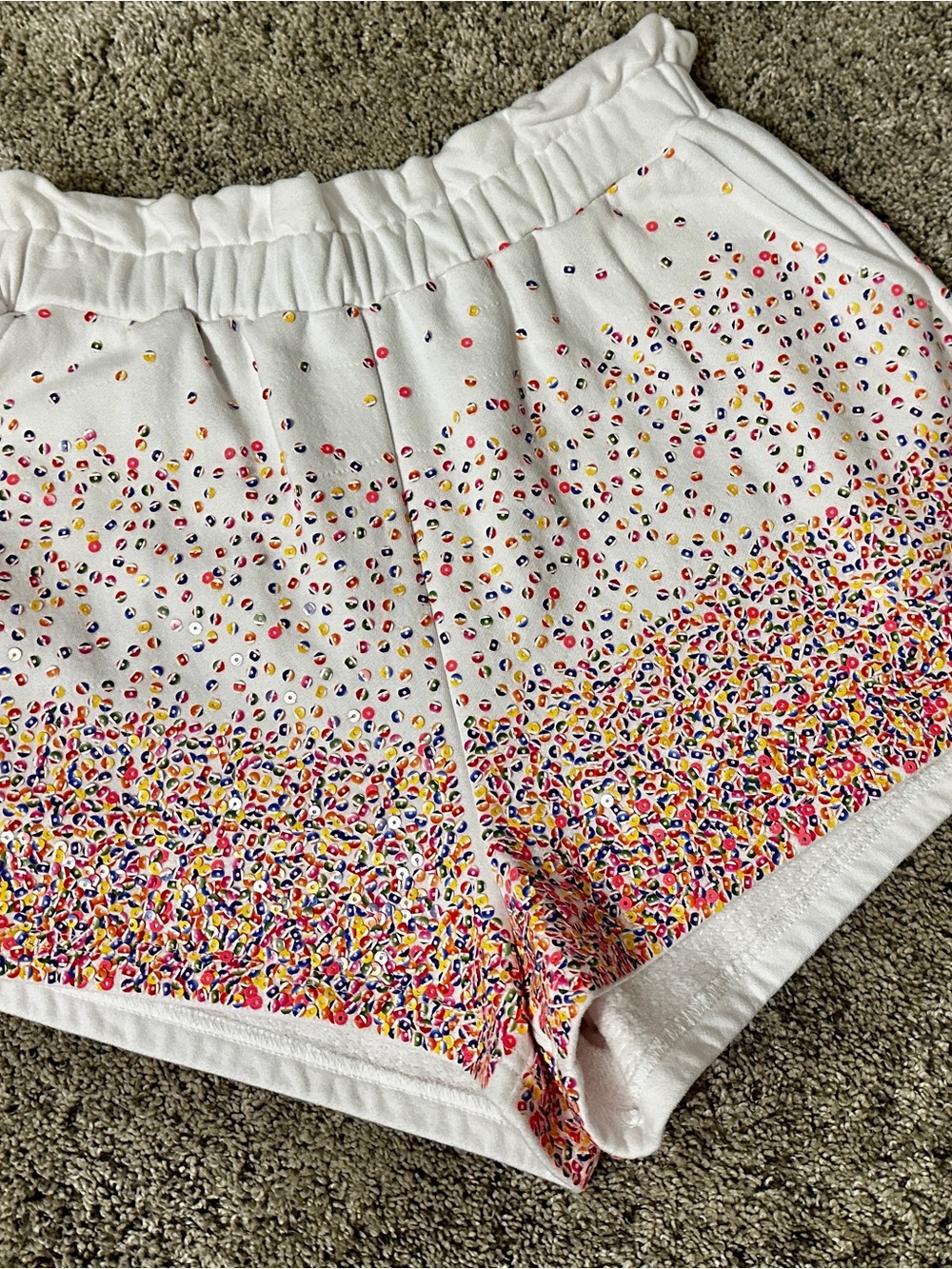 QUEEN OF SPARKLES White Athletic Shorts with Multicolor Dot Print